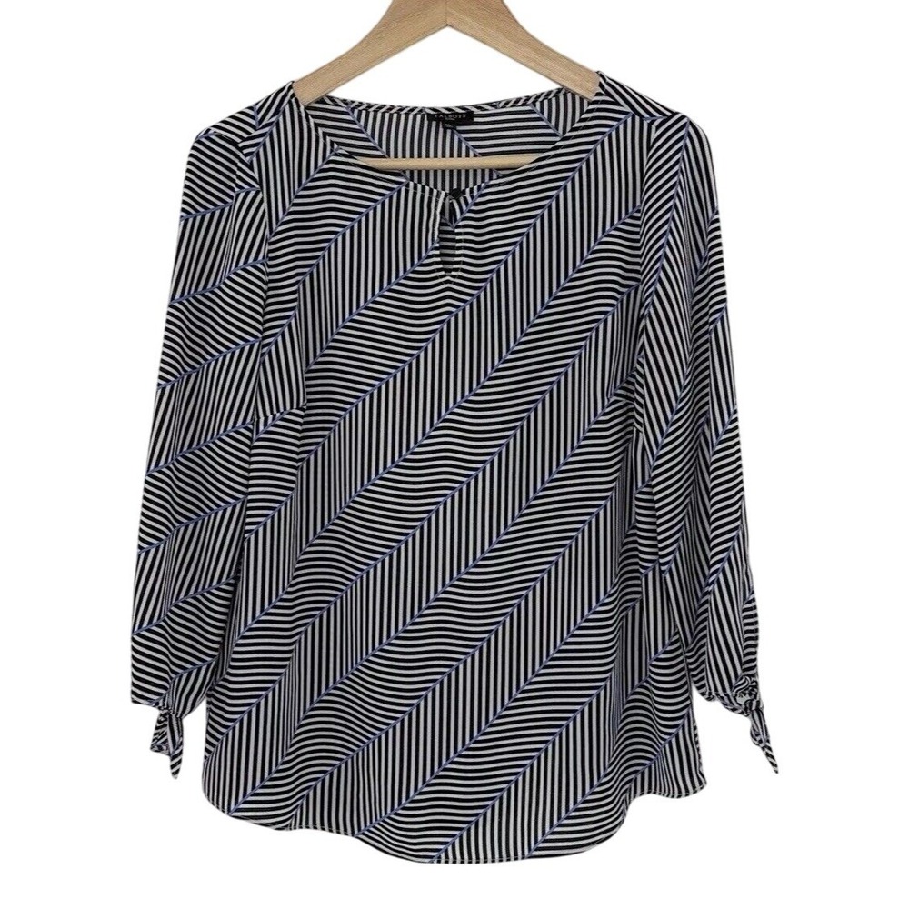 Talbots Women's Herringbone Print Chiffon Top‎ Blouse Size MP Preppy, Tie Sleeve